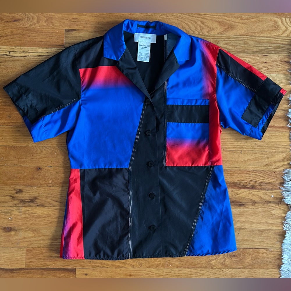 SPORTMAX Black/ Blue/ Red Short Sleeve BUTTON-UP Top Sz 10